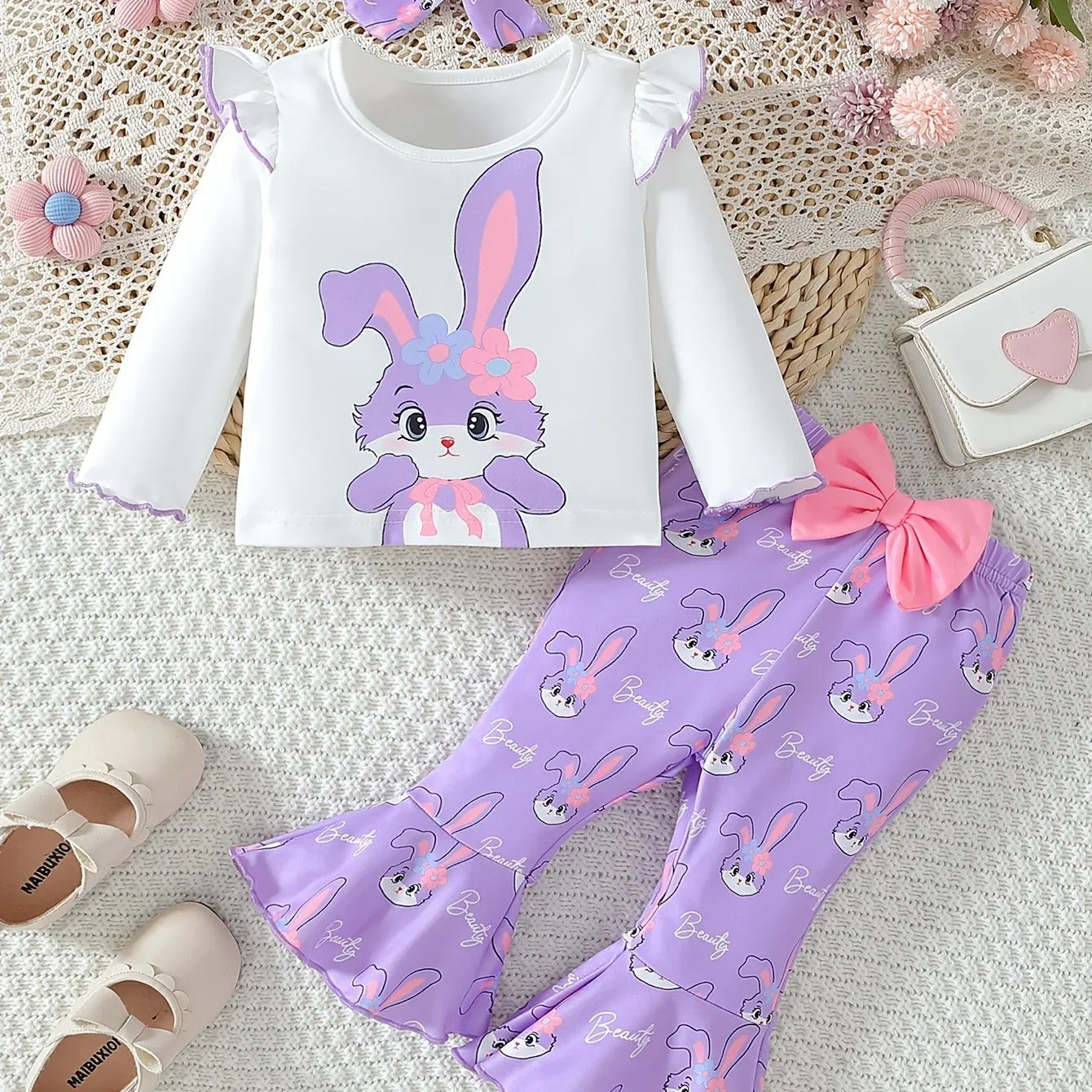2pcs Cute Little Rabbits Baby Girls' Outfit | Autumn and Winter Small Flying Sleeve T-shirt and Flared Long Pants with Headwear, Suitable for Festival Wear, for Outdoor - alotasawkli