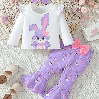 2pcs Cute Little Rabbits Baby Girls' Outfit | Autumn and Winter Small Flying Sleeve T-shirt and Flared Long Pants with Headwear, Suitable for Festival Wear, for Outdoor - alotasawkli