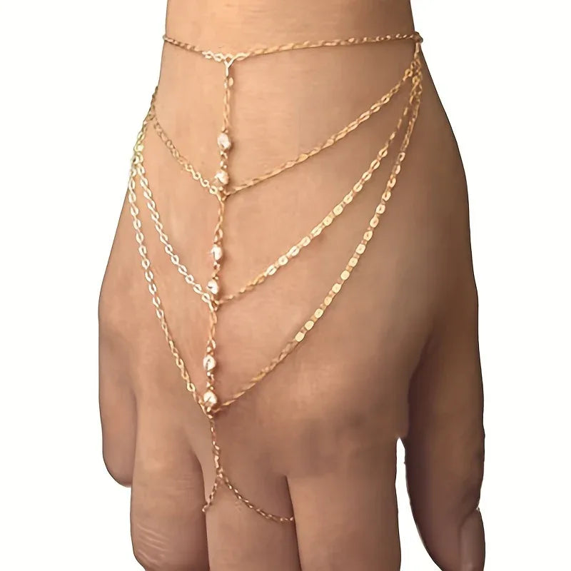 Vintage-Style Multi-Layered Thin Chain Finger Ring Bracelet Jewelry - alotasawkli