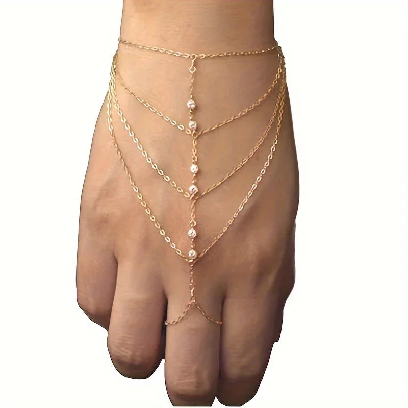 Vintage-Style Multi-Layered Thin Chain Finger Ring Bracelet Jewelry - alotasawkli