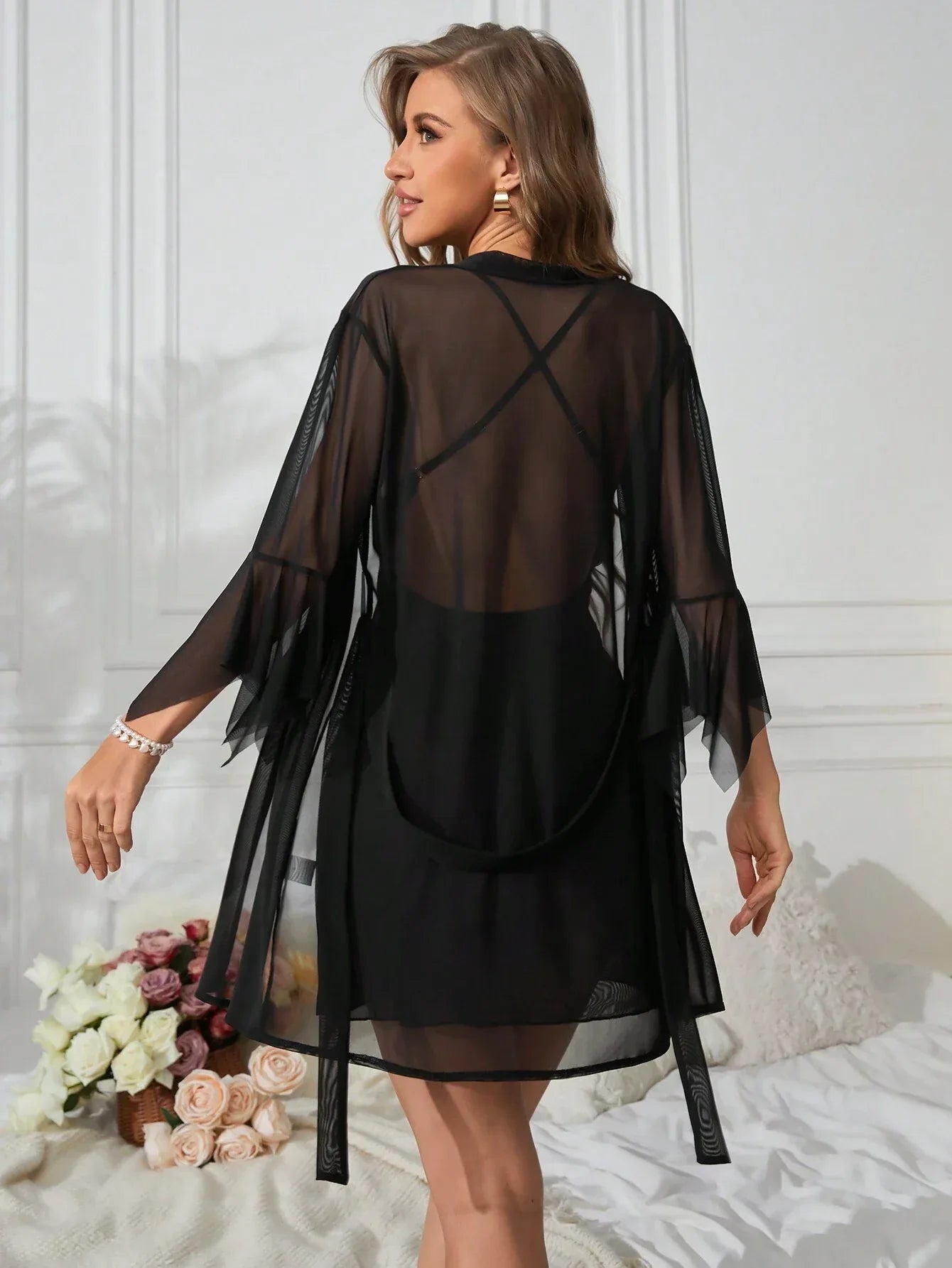 Two-Piece Solid Color Pajama Set with Mesh & Lace Contrast - alotasawkli