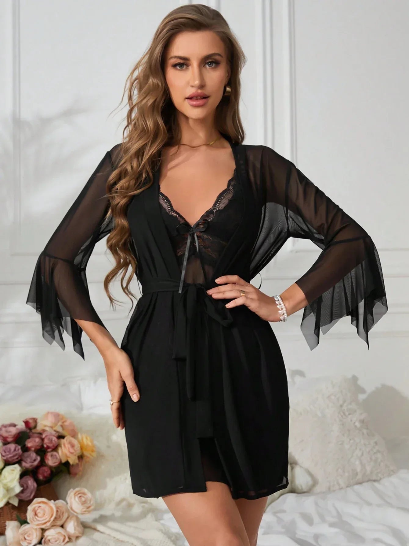 Two-Piece Solid Color Pajama Set with Mesh & Lace Contrast - alotasawkli