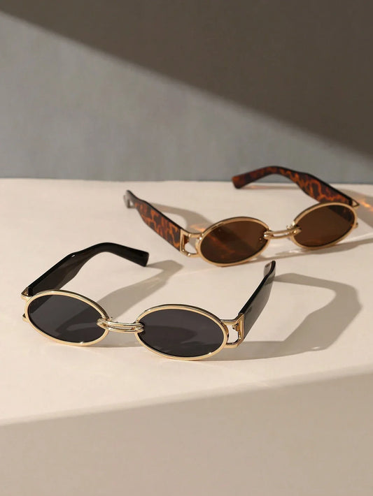 SHEIN-Two pairs of Korean-style oval-shaped women's sunglasses in antique brass - alotasawkli