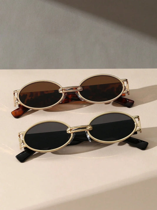 SHEIN-Two pairs of Korean-style oval-shaped women's sunglasses in antique brass - alotasawkli