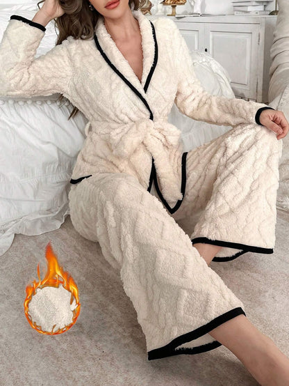 Women’s Velvet Long Sleeve Pajama Set with Contrast Collar & Zipper – 2 Pieces - alotasawkli