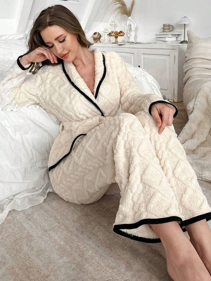 Women’s Velvet Long Sleeve Pajama Set with Contrast Collar & Zipper – 2 Pieces - alotasawkli