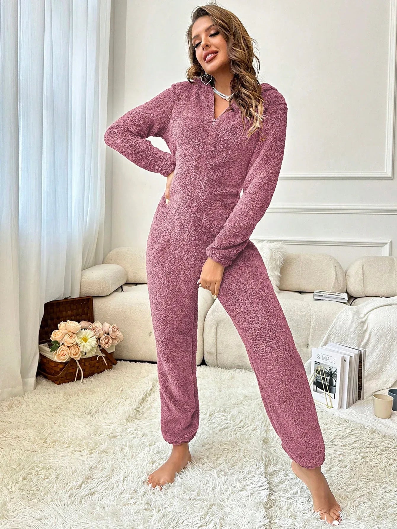 Women’s 3D Ear Detail Jumpsuit with Front Zipper – Cozy Autumn/Winter Wear - alotasawkli
