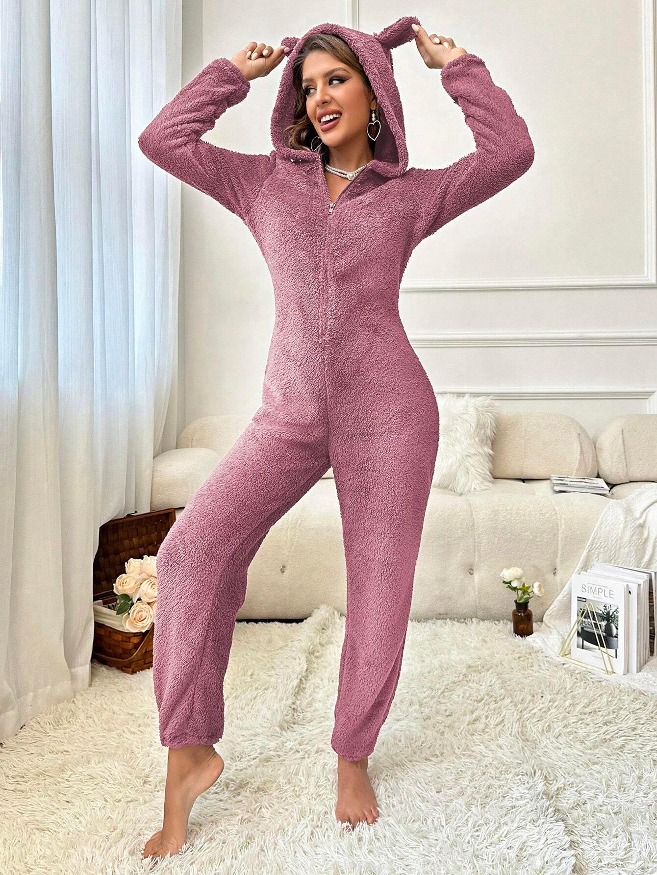 Women’s 3D Ear Detail Jumpsuit with Front Zipper – Cozy Autumn/Winter Wear - alotasawkli