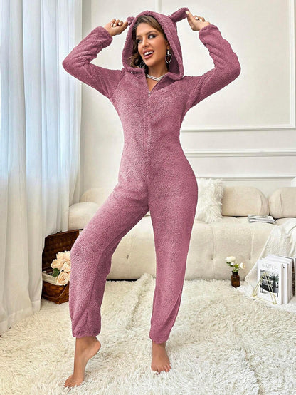 Women’s 3D Ear Detail Jumpsuit with Front Zipper – Cozy Autumn/Winter Wear - alotasawkli