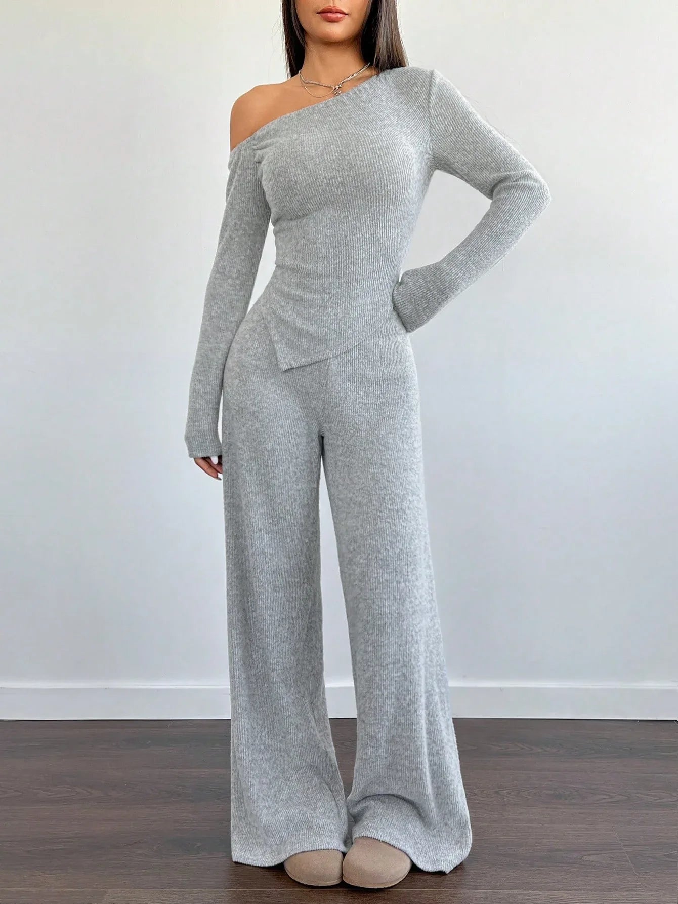 SHEIN-Flirla Asymmetrical Shoulder Velvet Top + Low-Waisted Wide-Leg Pants - alotasawkli