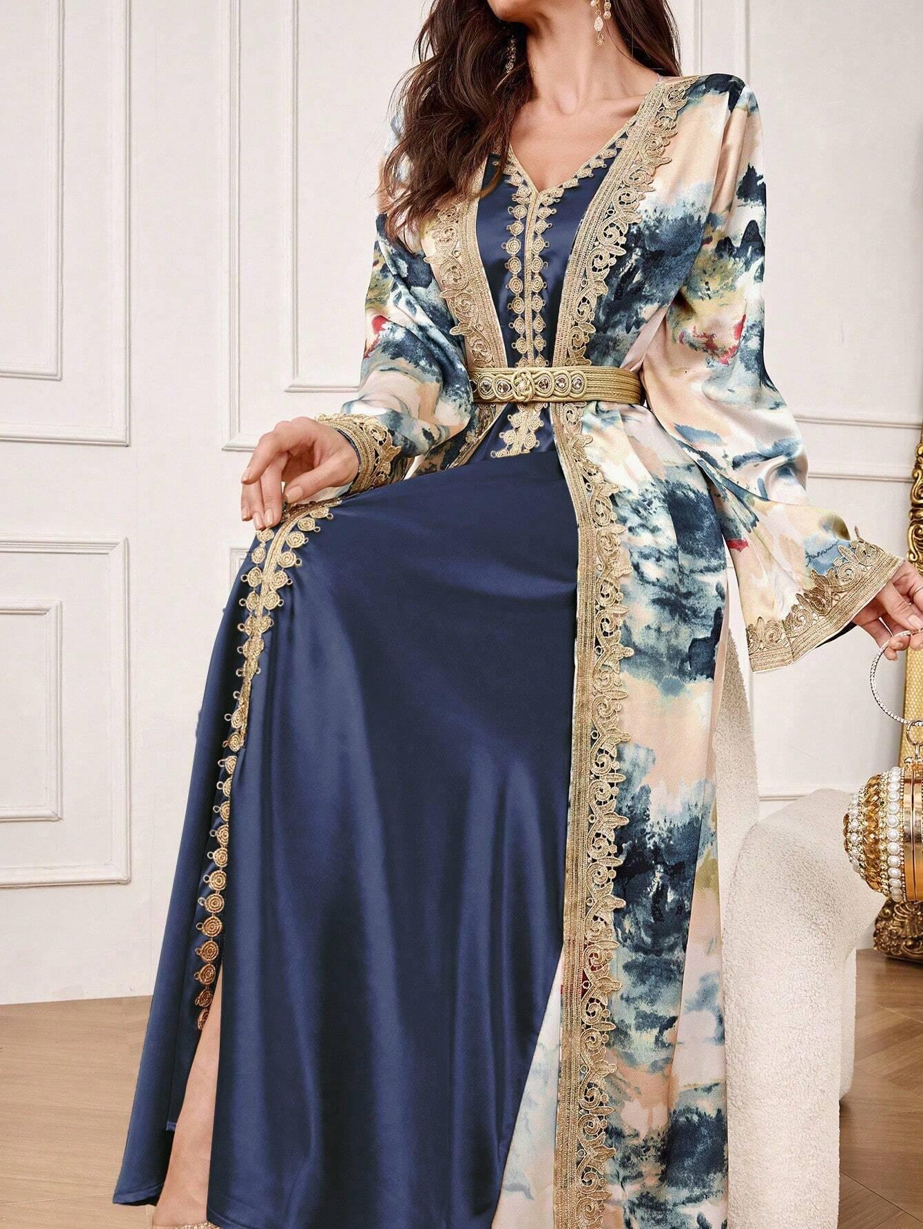 Al Najma فستان أنيق ذو نقشة زهرية وحشوة للمرأة, أناقة عربية, موسم الخريف, محتشم - alotasawkli