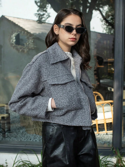 SHEIN-Women's gray outerwear coats with pockets - alotasawkli