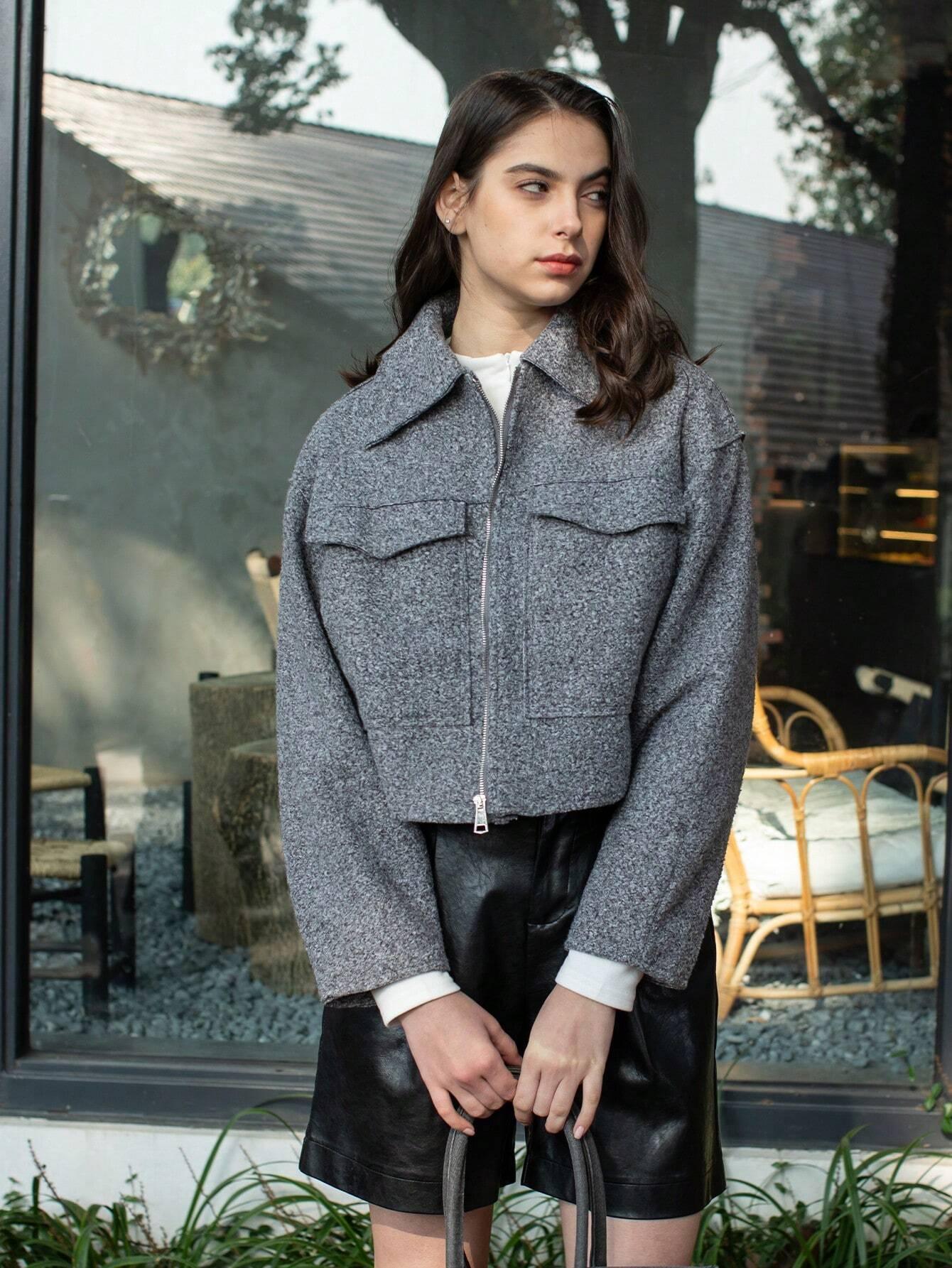 SHEIN-Women's gray outerwear coats with pockets - alotasawkli