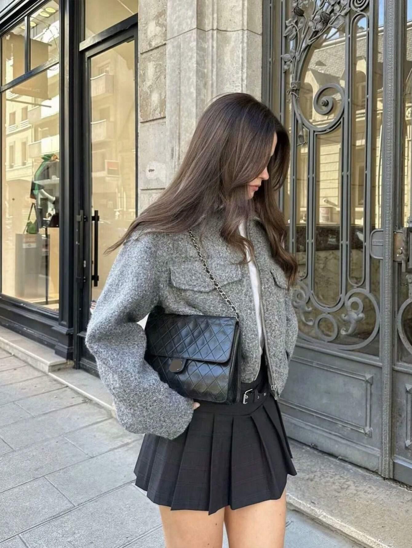 SHEIN-Women's gray outerwear coats with pockets - alotasawkli