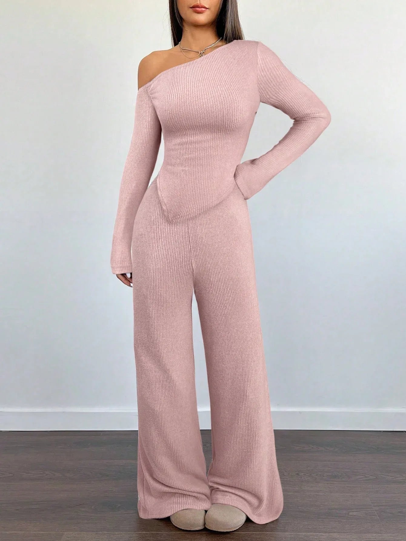 SHEIN-Flirla Asymmetrical Shoulder Velvet Top + Low-Waisted Wide-Leg Pants - alotasawkli