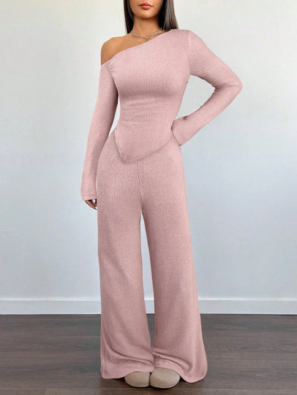 SHEIN-Flirla Asymmetrical Shoulder Velvet Top + Low-Waisted Wide-Leg Pants - alotasawkli