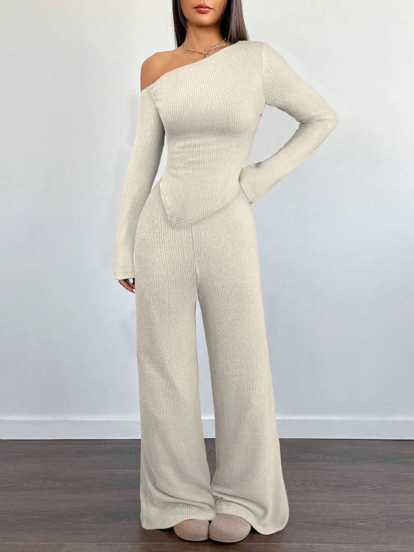 SHEIN-Flirla Asymmetrical Shoulder Velvet Top + Low-Waisted Wide-Leg Pants - alotasawkli