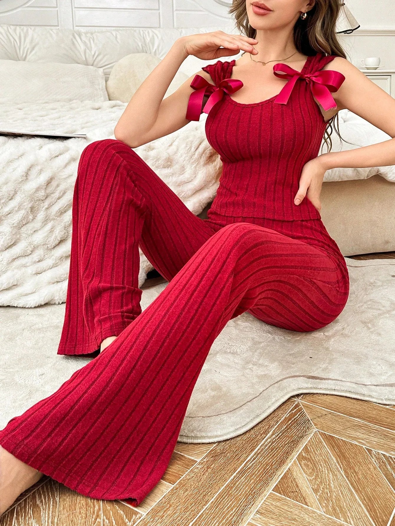 Women’s Two-Piece Sleepwear Set – Cropped Tie-Front Top & Wide-Leg Pants - alotasawkli