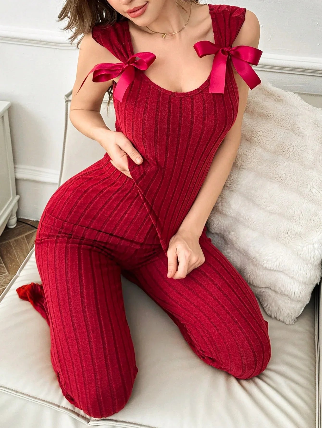 Women’s Two-Piece Sleepwear Set – Cropped Tie-Front Top & Wide-Leg Pants - alotasawkli