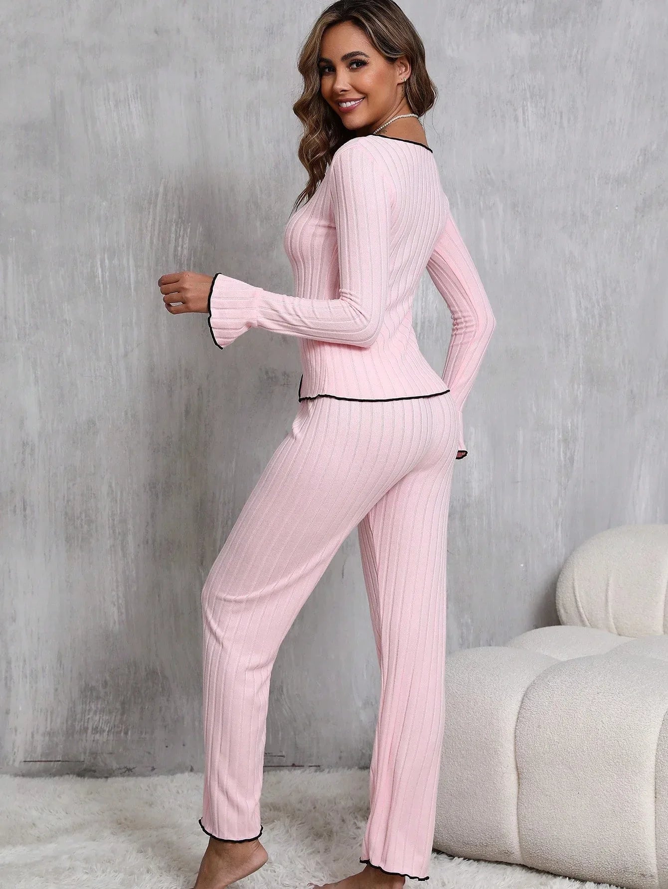 Women’s Striped Thermal Casual Pajama Set with Bow Detail – 2 Pieces - alotasawkli