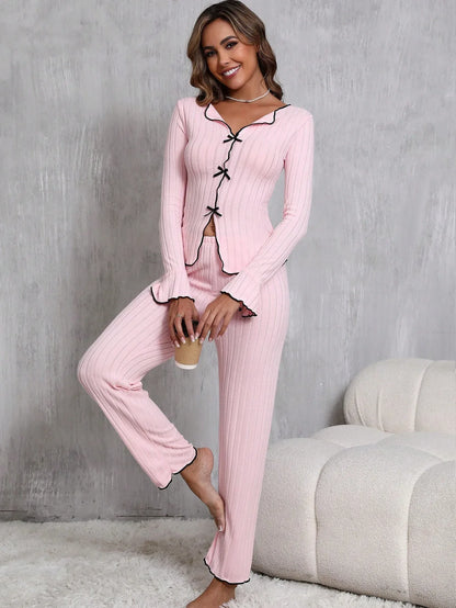 Women’s Striped Thermal Casual Pajama Set with Bow Detail – 2 Pieces - alotasawkli