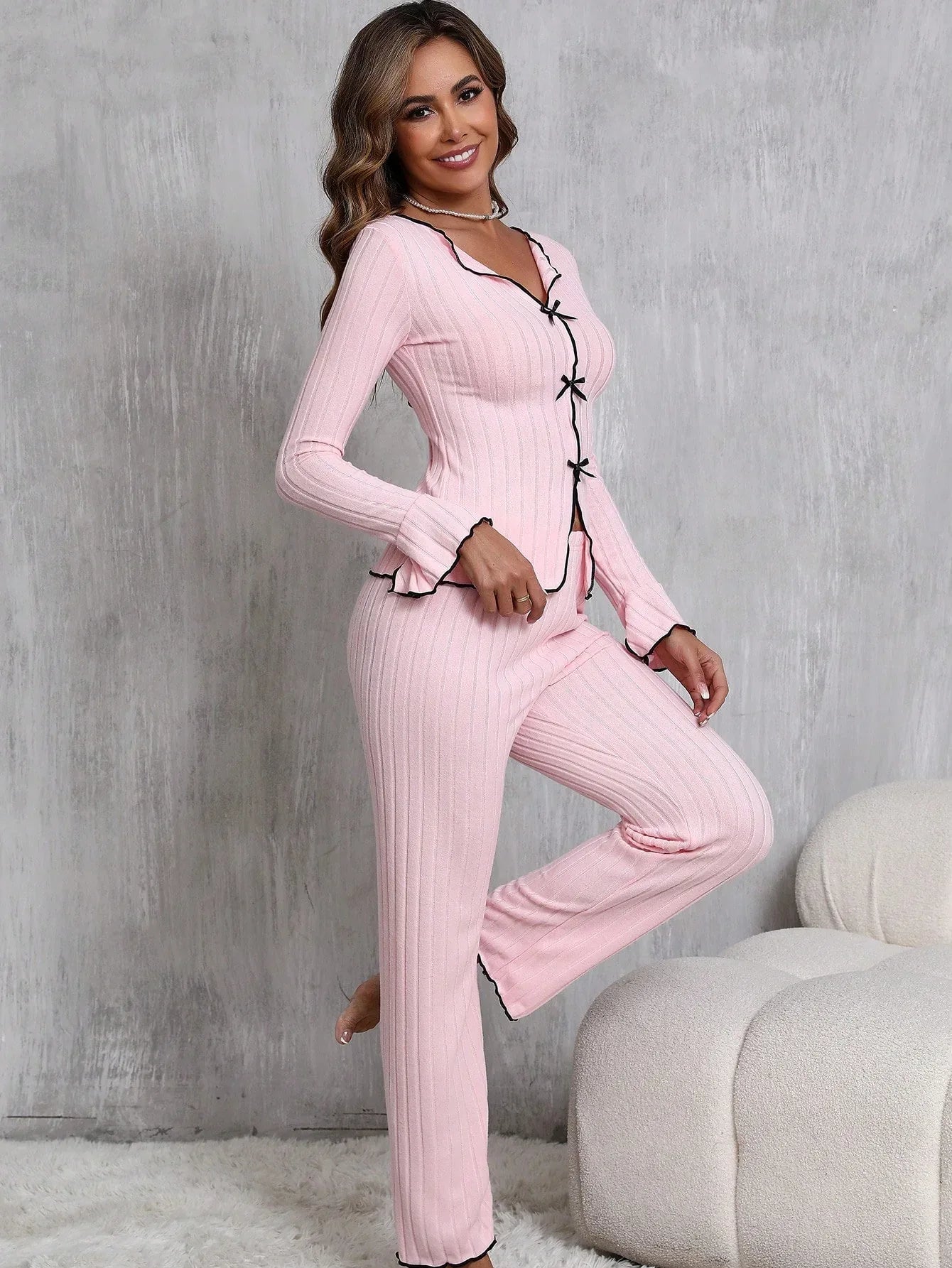 Women’s Striped Thermal Casual Pajama Set with Bow Detail – 2 Pieces - alotasawkli