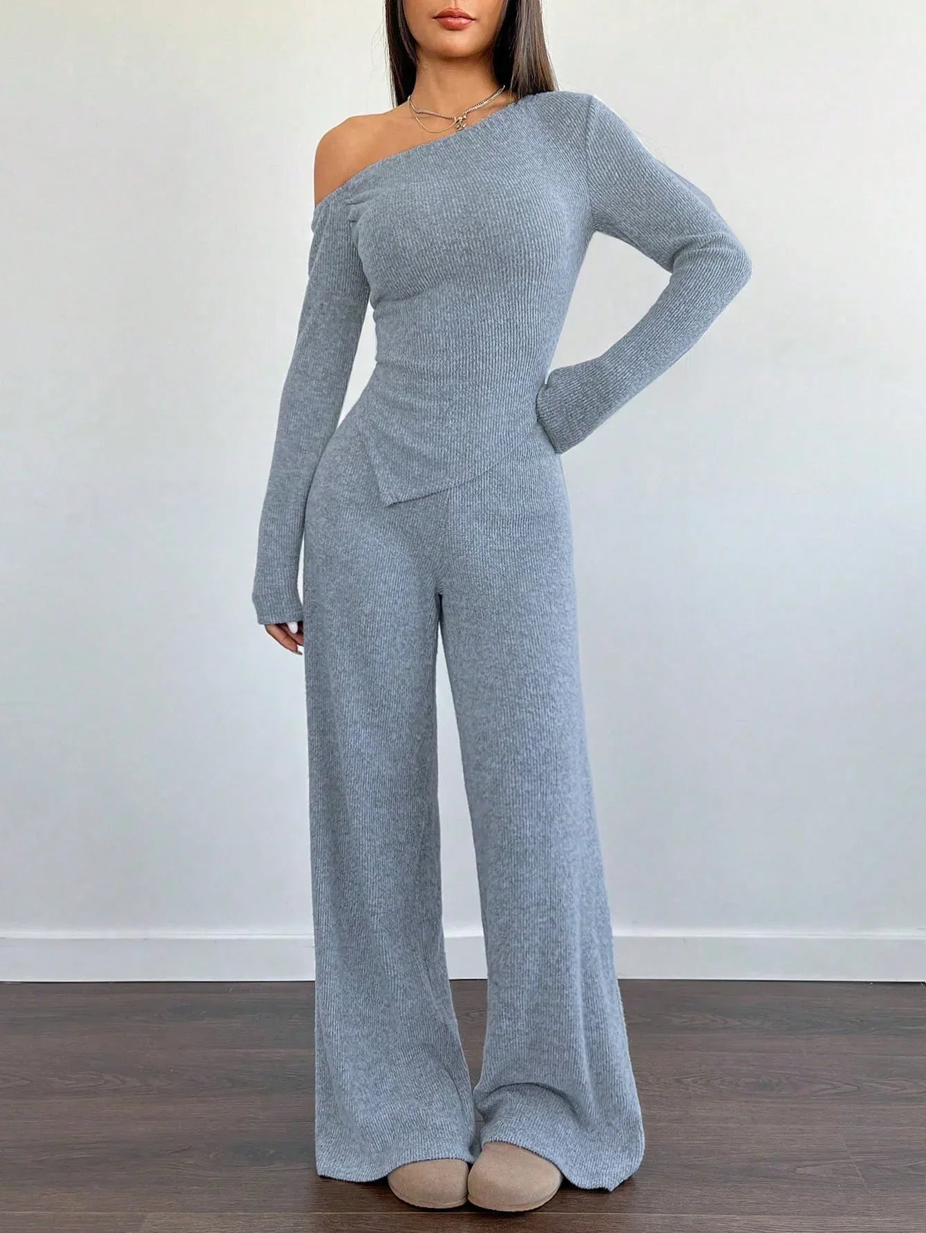 SHEIN-Flirla Asymmetrical Shoulder Velvet Top + Low-Waisted Wide-Leg Pants - alotasawkli
