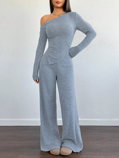SHEIN-Flirla Asymmetrical Shoulder Velvet Top + Low-Waisted Wide-Leg Pants - alotasawkli