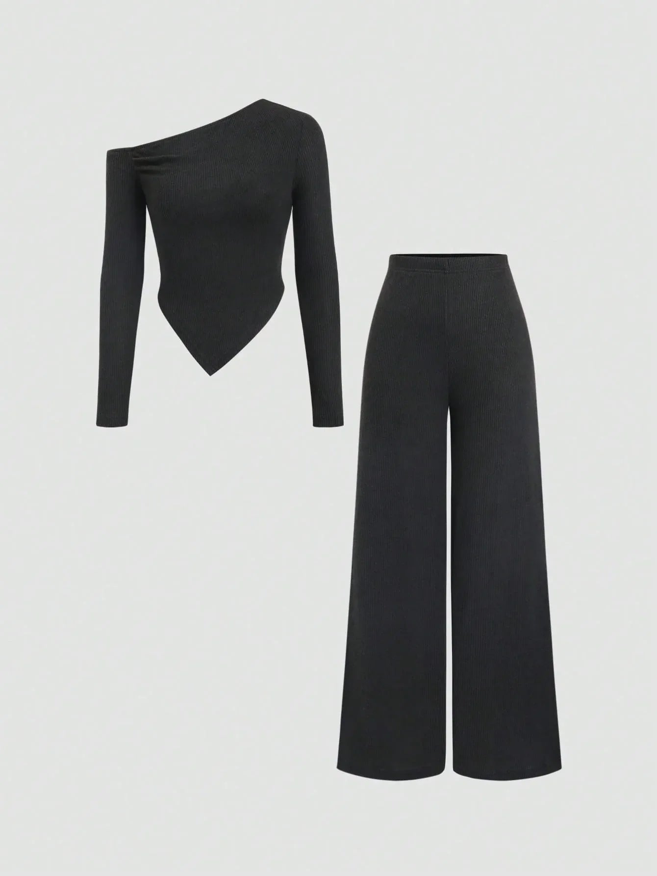 SHEIN-Flirla Asymmetrical Shoulder Velvet Top + Low-Waisted Wide-Leg Pants - alotasawkli