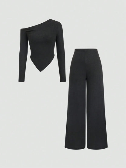 SHEIN-Flirla Asymmetrical Shoulder Velvet Top + Low-Waisted Wide-Leg Pants - alotasawkli