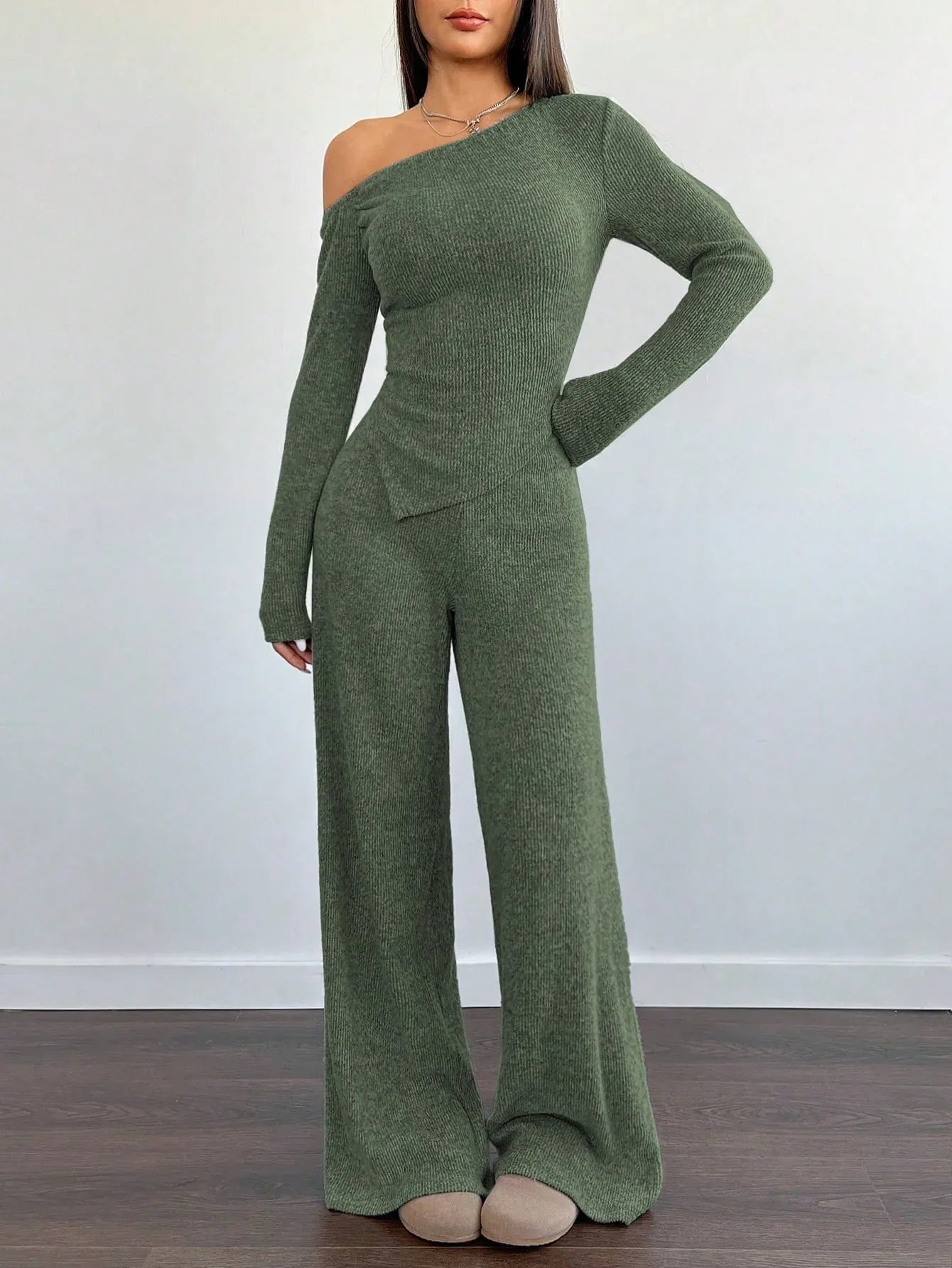 SHEIN-Flirla Asymmetrical Shoulder Velvet Top + Low-Waisted Wide-Leg Pants - alotasawkli
