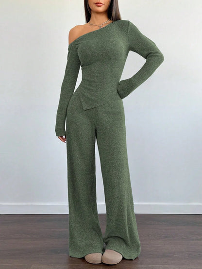 SHEIN-Flirla Asymmetrical Shoulder Velvet Top + Low-Waisted Wide-Leg Pants - alotasawkli