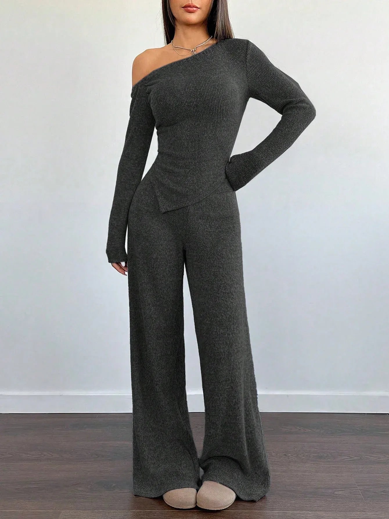 SHEIN-Flirla Asymmetrical Shoulder Velvet Top + Low-Waisted Wide-Leg Pants - alotasawkli