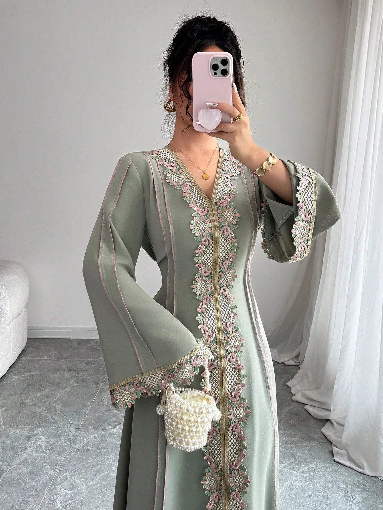 Rafferiza عباءة نسائية فضفاضة بياقة على شكل حرف V وأكمام طويلة وهيم منسدل، العباءة التركية، العباءة العربية الطويلة - alotasawkli