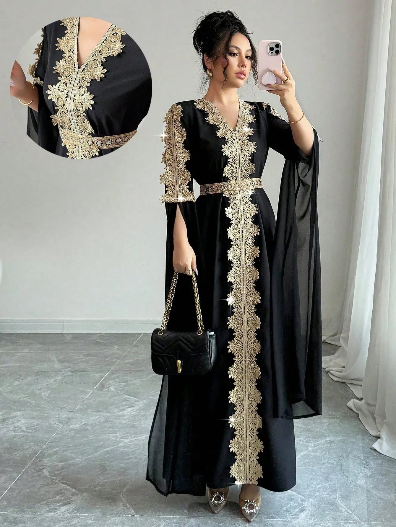 Rafferiza عباءة نسائية طويلة الأكمام بتصميم لوحات متناسقة، فستان كفتان بلون أحادي مع تطريز دانتيل - alotasawkli