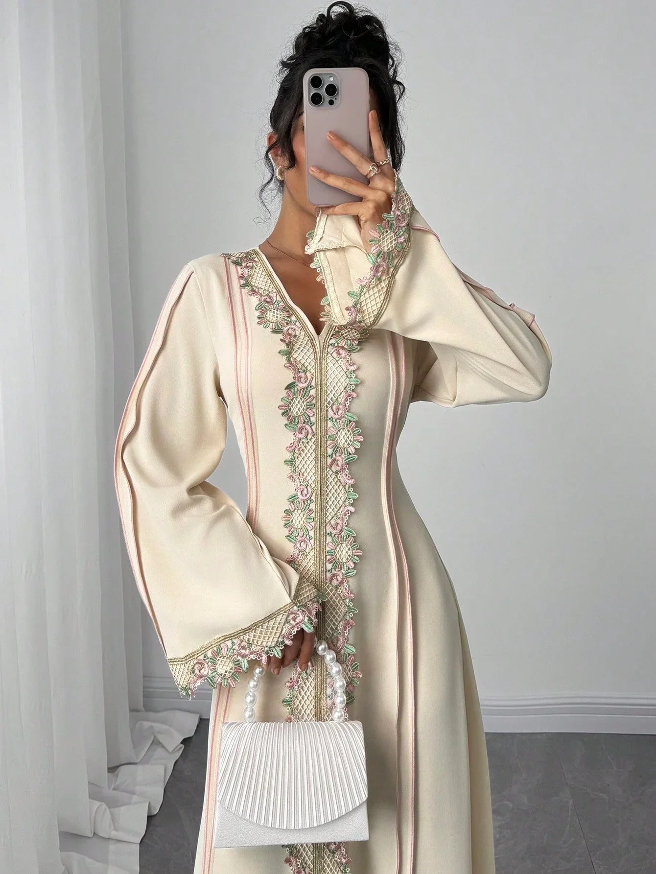 Rafferiza عباءة نسائية فضفاضة بياقة على شكل حرف V وأكمام طويلة وهيم منسدل، العباءة التركية، العباءة العربية الطويلة - alotasawkli
