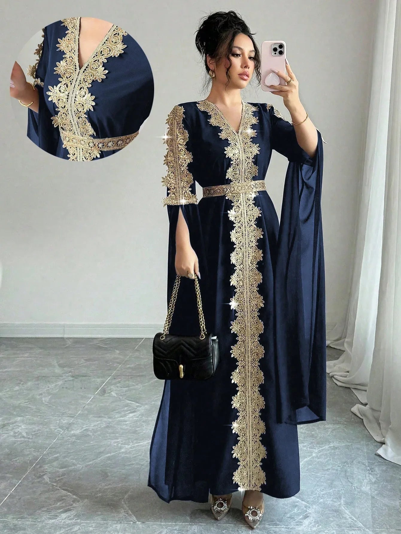 Rafferiza عباءة نسائية طويلة الأكمام بتصميم لوحات ملونة، فستان كفتان بلون أحادي مزين بتريم من الدانتيل - alotasawkli