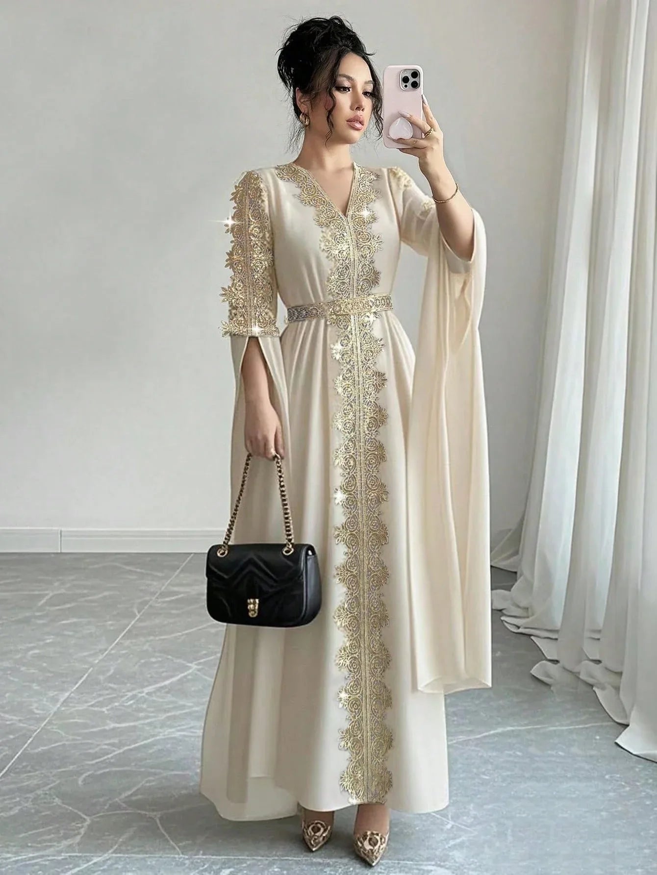 Rafferiza عباءة نسائية طويلة الأكمام بتصميم لوحات ملونة، فستان كفتان بلون أحادي مزين بتريم من الدانتيل - alotasawkli
