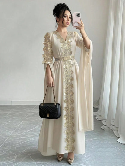 Rafferiza عباءة نسائية طويلة الأكمام بتصميم لوحات متناسقة، فستان كفتان بلون أحادي مع تطريز دانتيل - alotasawkli
