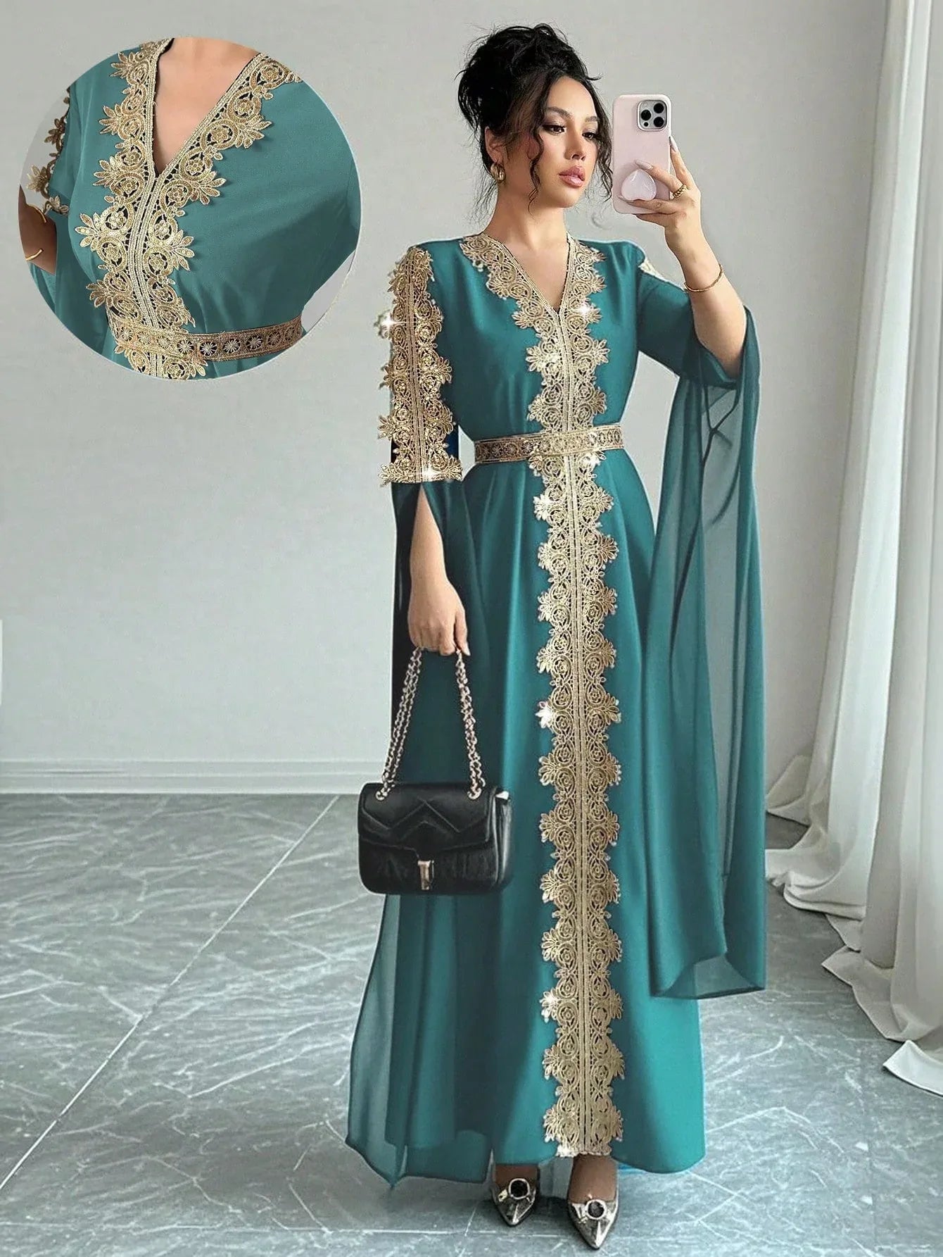 Rafferiza عباءة نسائية طويلة الأكمام بتصميم لوحات متناسقة، فستان كفتان بلون أحادي مع تطريز دانتيل - alotasawkli