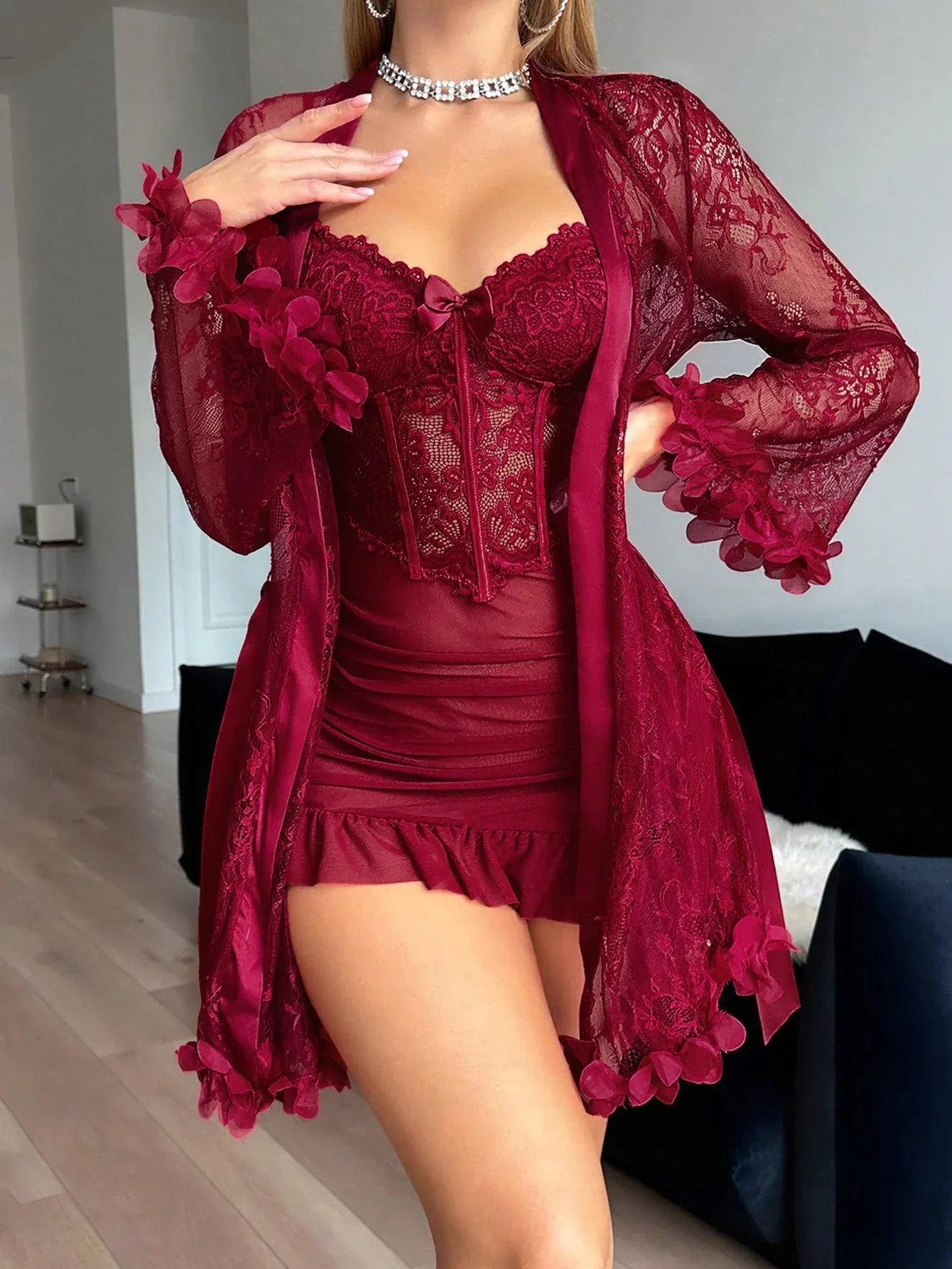 SHEIN Two-Piece Set: 3D Floral Robe & Camisole Nightdress - alotasawkli