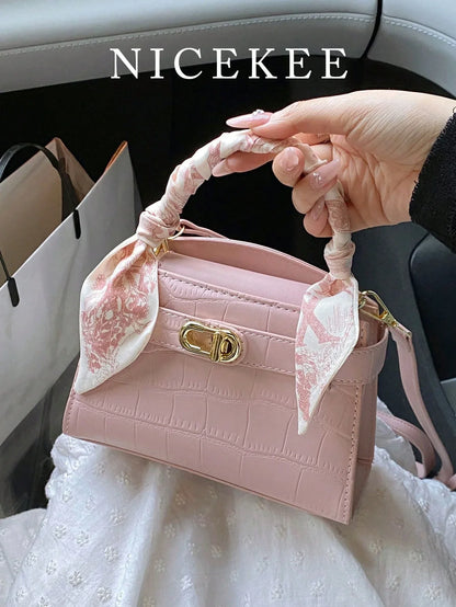 Elegant Stone-Pattern Handbag with Silky Scarf – Spring/Summer - alotasawkli