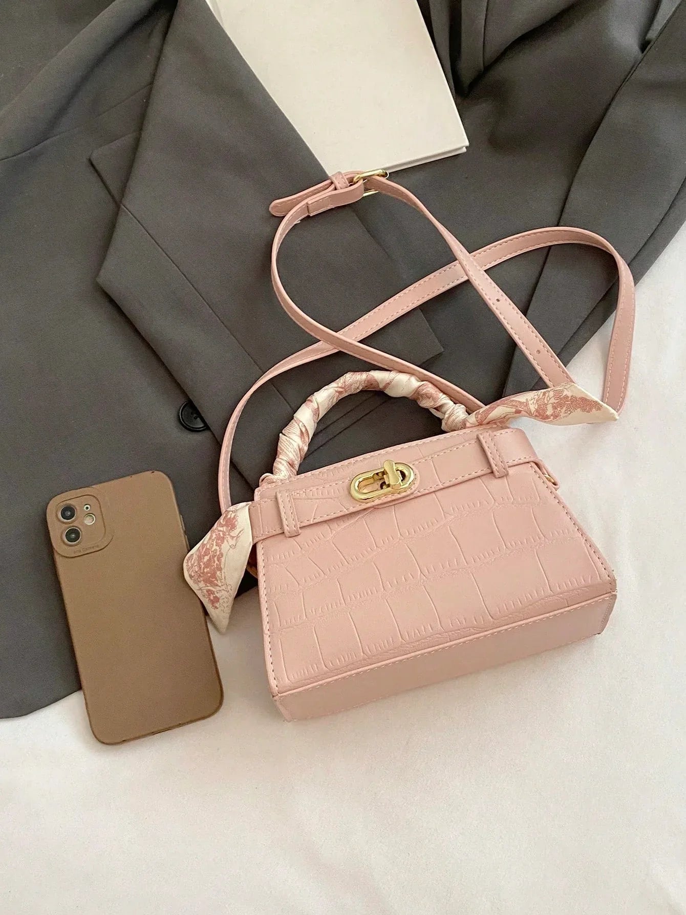 Elegant Stone-Pattern Handbag with Silky Scarf – Spring/Summer - alotasawkli