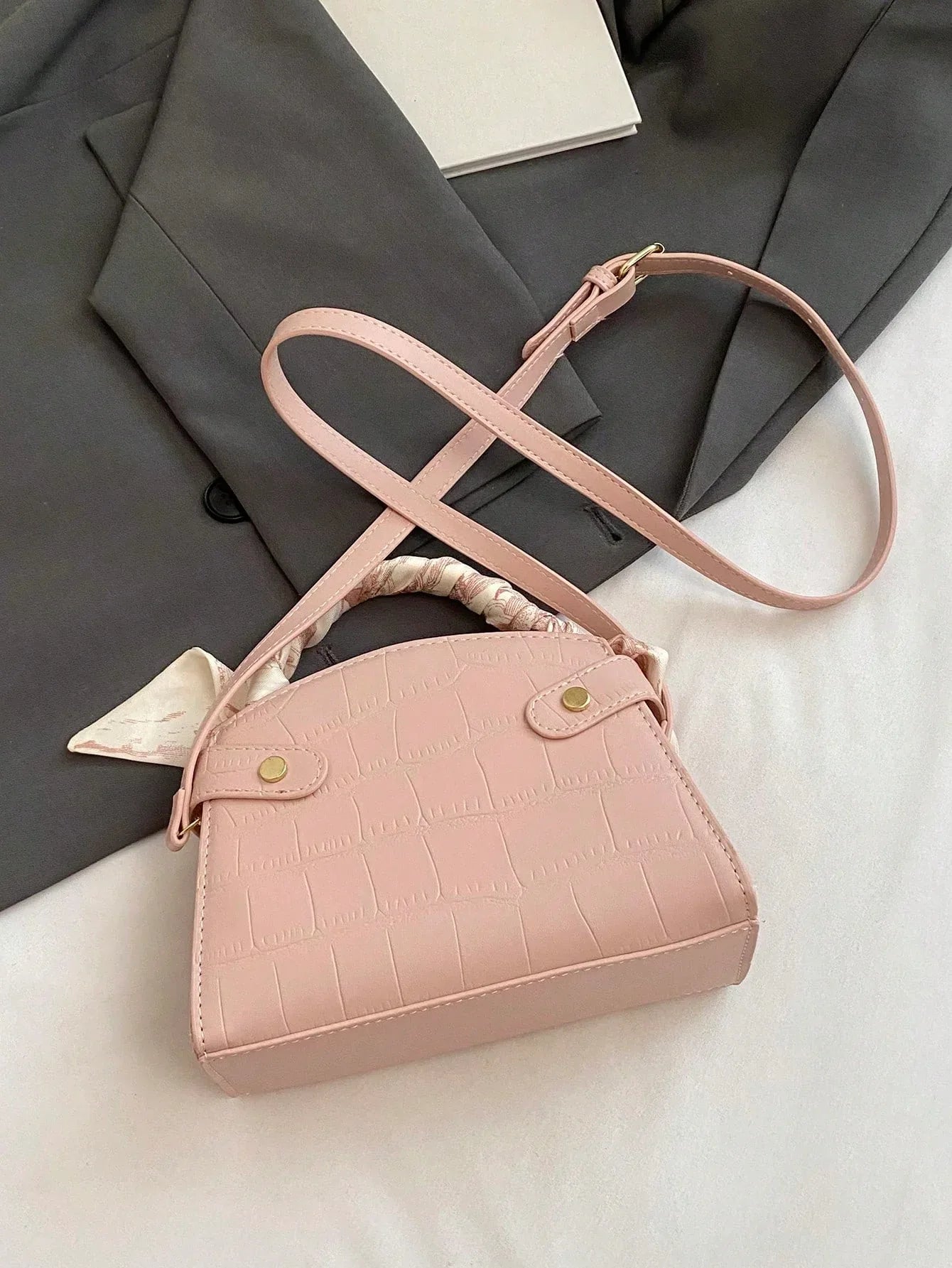 Elegant Stone-Pattern Handbag with Silky Scarf – Spring/Summer - alotasawkli
