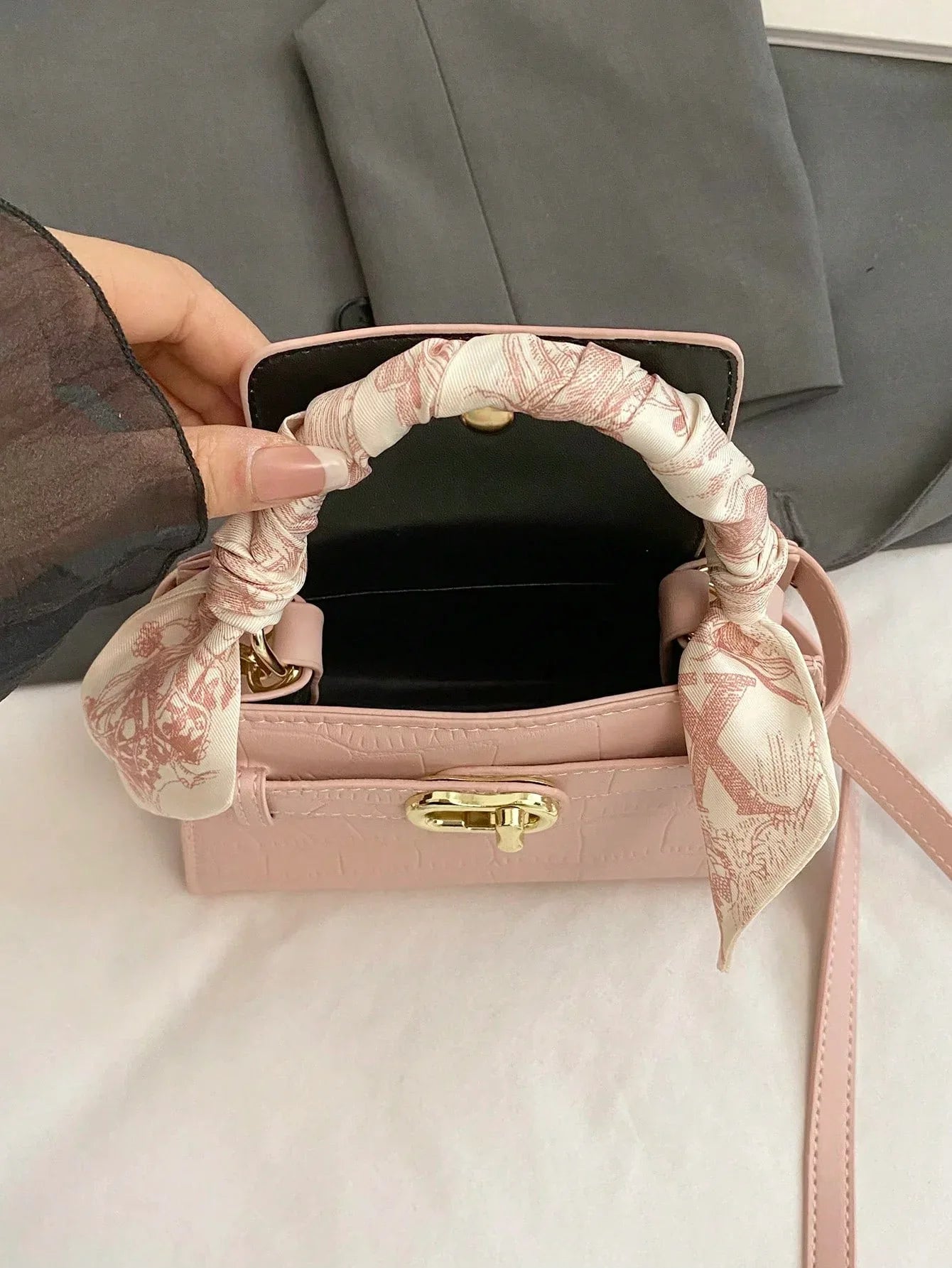 Elegant Stone-Pattern Handbag with Silky Scarf – Spring/Summer - alotasawkli