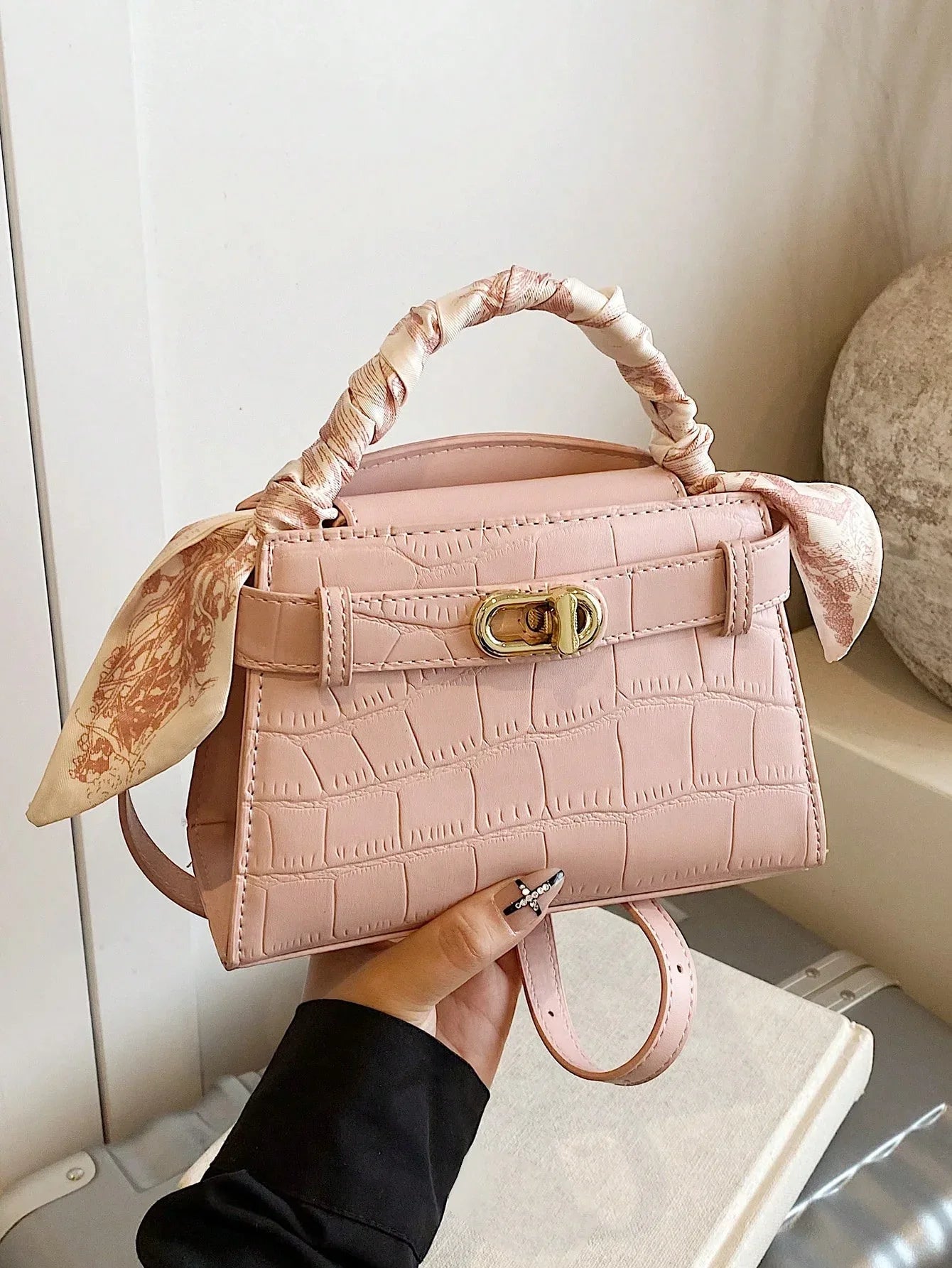 Elegant Stone-Pattern Handbag with Silky Scarf – Spring/Summer - alotasawkli