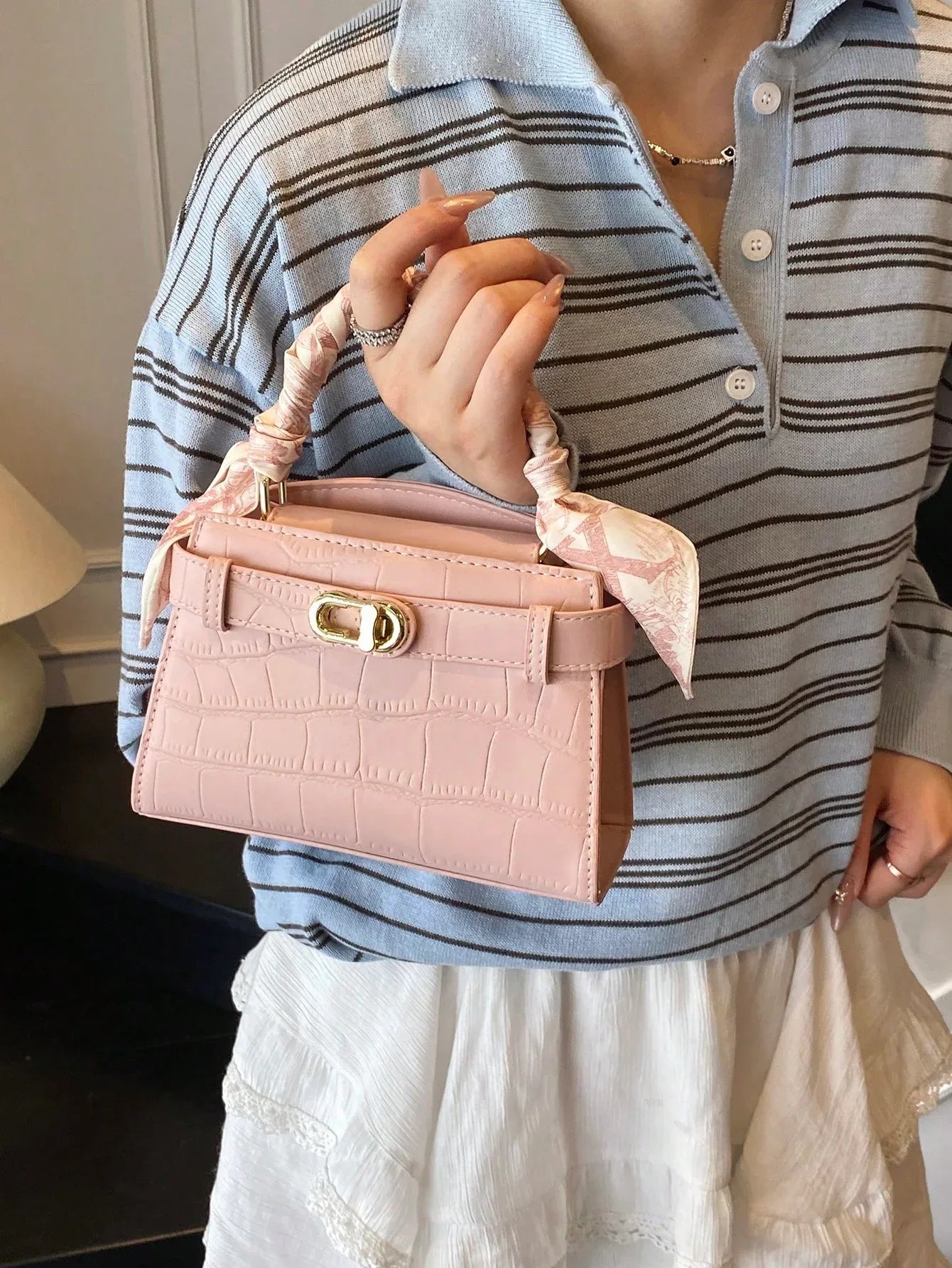 Elegant Stone-Pattern Handbag with Silky Scarf – Spring/Summer - alotasawkli