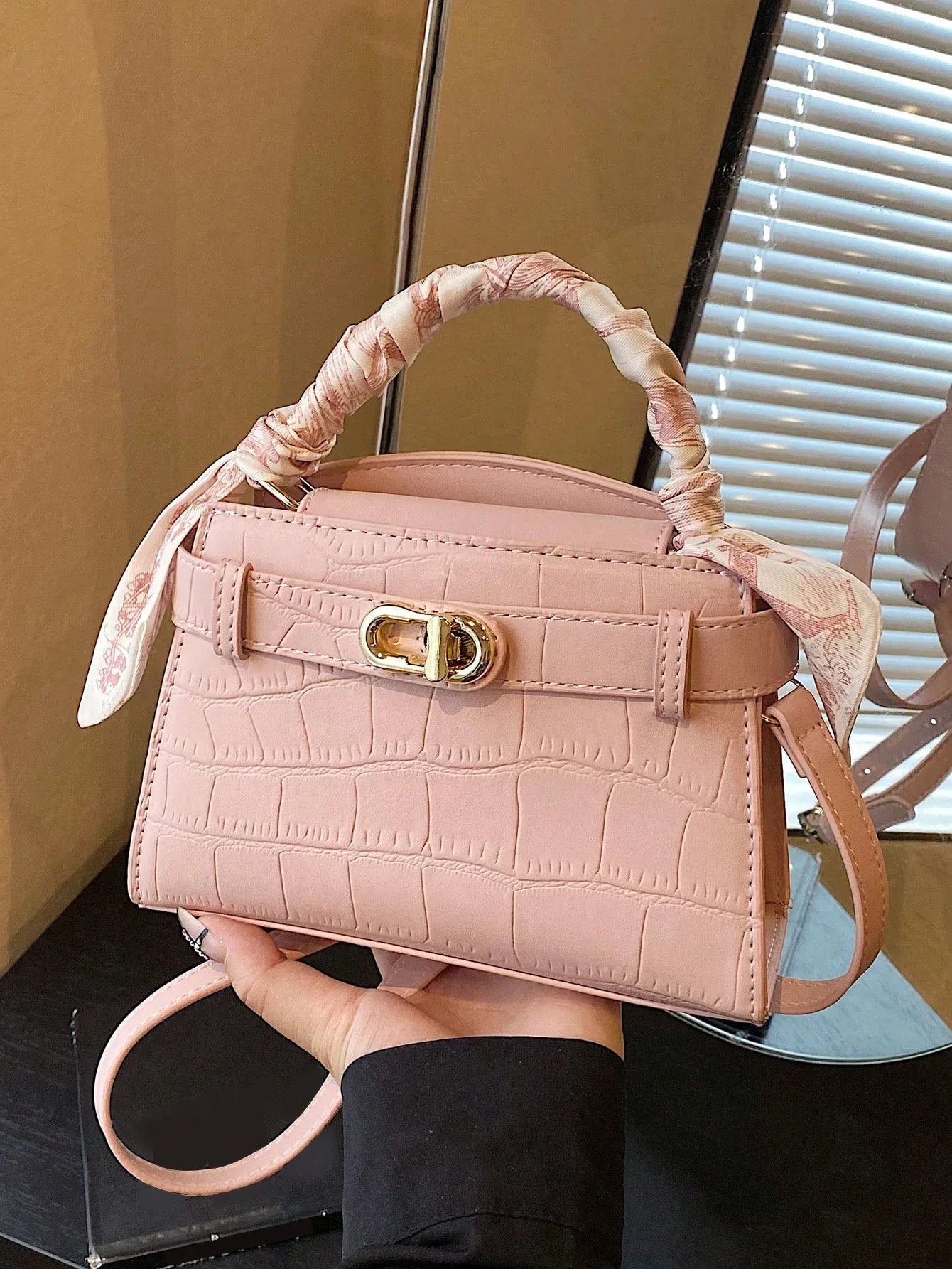 Elegant Stone-Pattern Handbag with Silky Scarf – Spring/Summer - alotasawkli