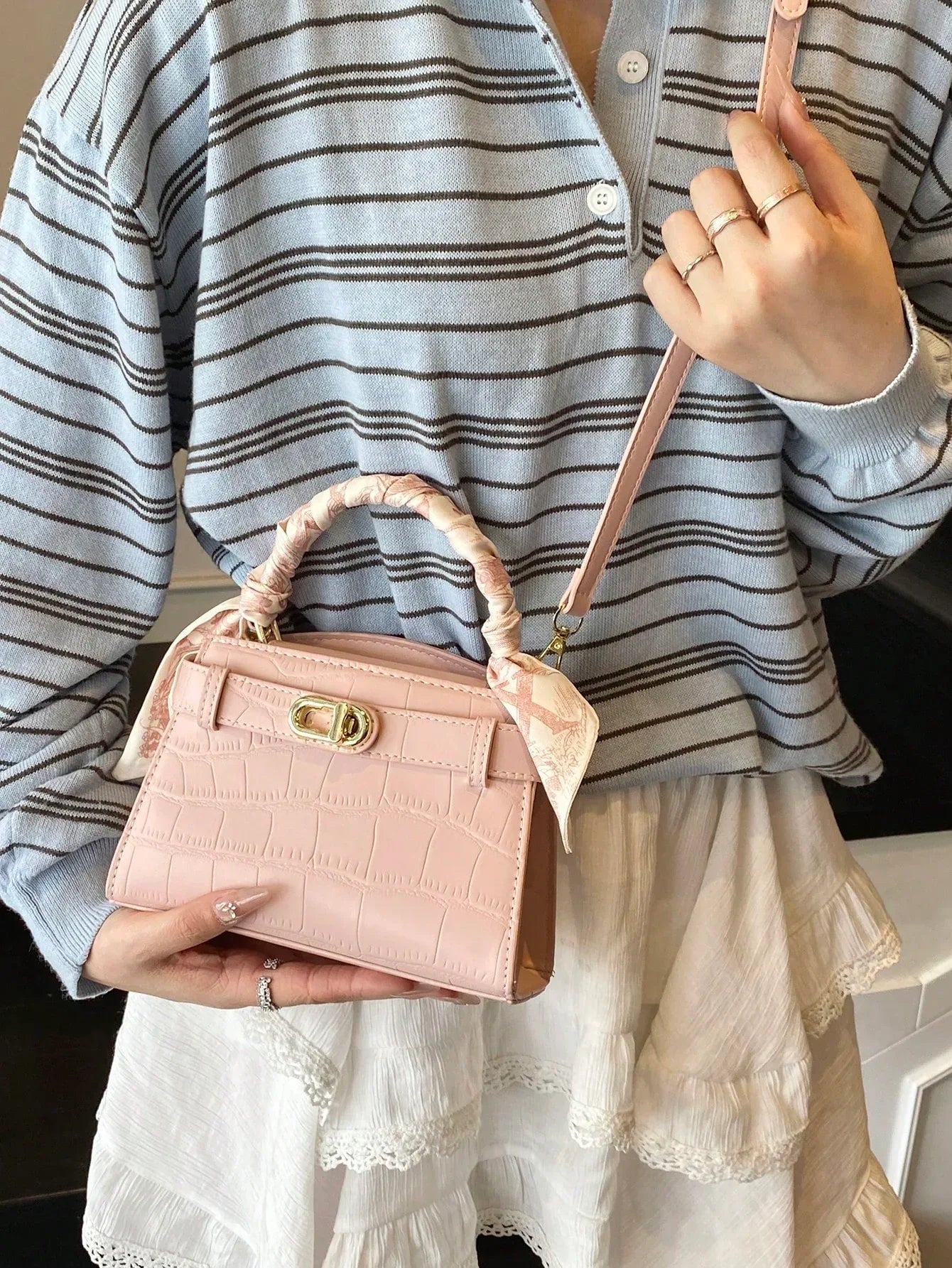 Elegant Stone-Pattern Handbag with Silky Scarf – Spring/Summer - alotasawkli