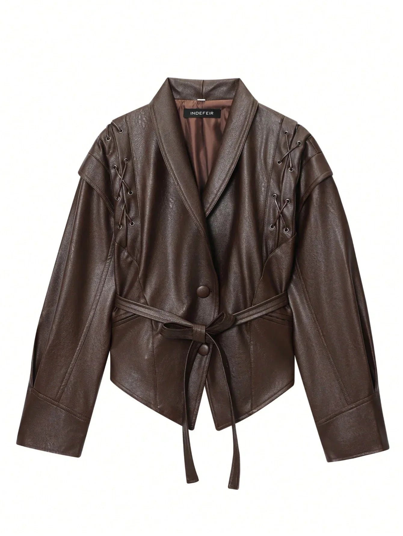 SHEIN-Leather jacket with a stand-up collar and belt - alotasawkli
